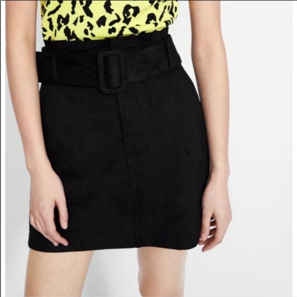 Zara Belted Black Skirt Faux Suede  M